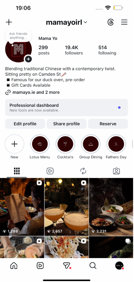 Mama Yo Instagram profile, post-rebuild